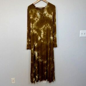 Natural Life Dress Womens M/L Brown Tie Dye Long Sleeve Maxi Pockets Boho Rayon